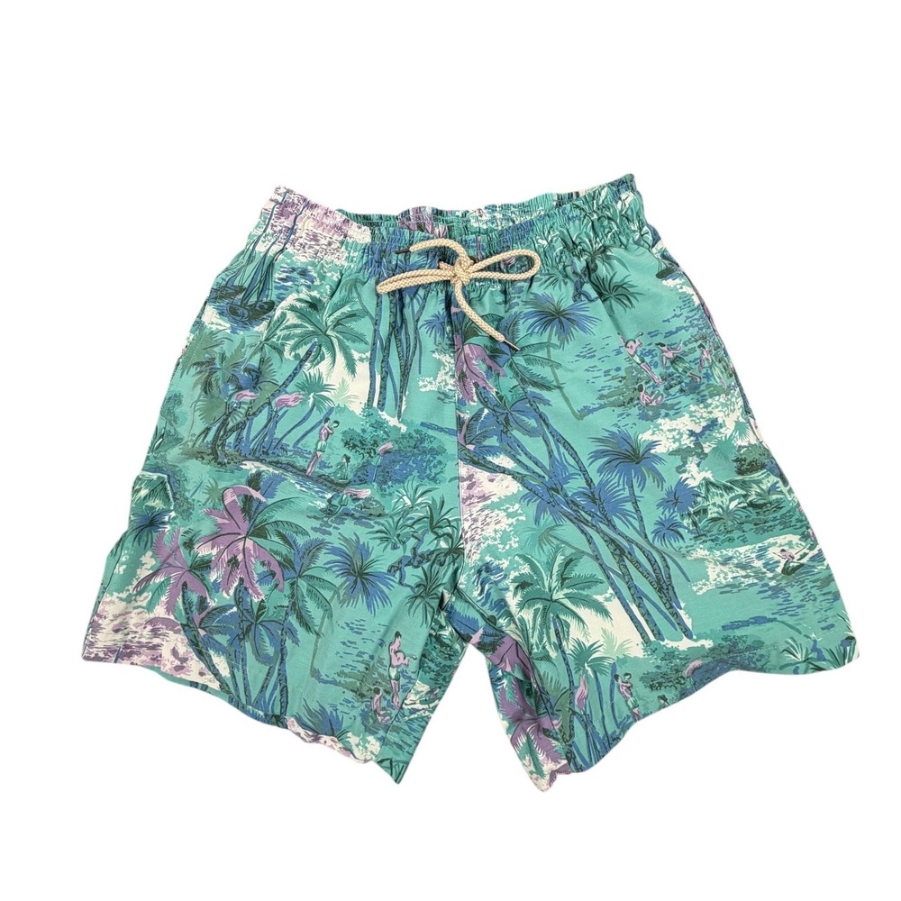 Faherty Mens Swim Trunks Tropical Palm Tree Print Green Large